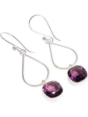 Amethyst Cushion Cut Natural Gemstone Dangle Earrings 10x10mm 925 Silver